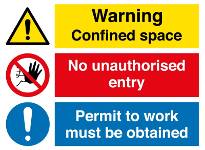 confines spaces, red, blue and yellow, warning sign